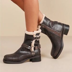 Steve Madden Brixton Brown Distressed Leather Faux Fur Mid-Calf Moto Boots 8